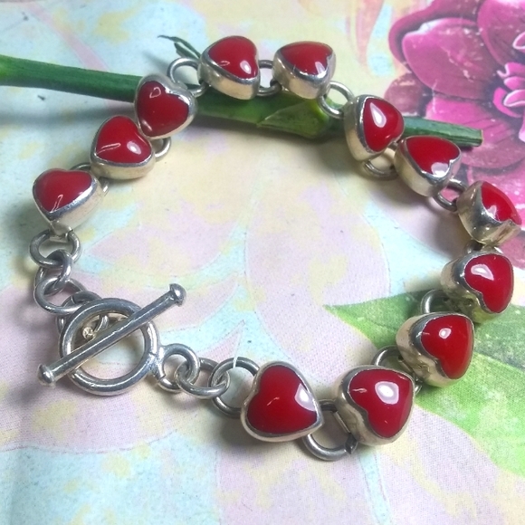 ❤️ .925 Silver Mexican Red Enamel Heart Love Link Bracelet - Picture 2 of 7